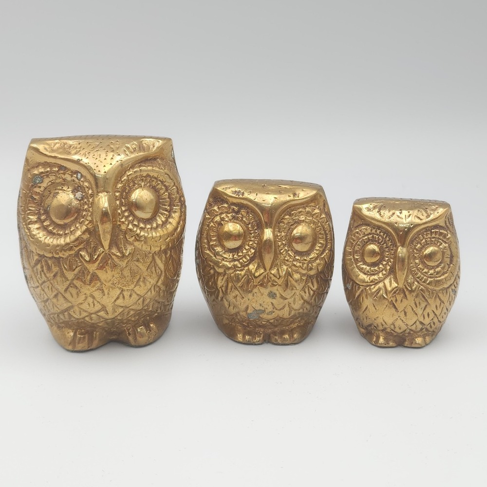 Solid Brass Owl‎ Figurines Paperweight Hand Carved Made In India MCM Set Of 3